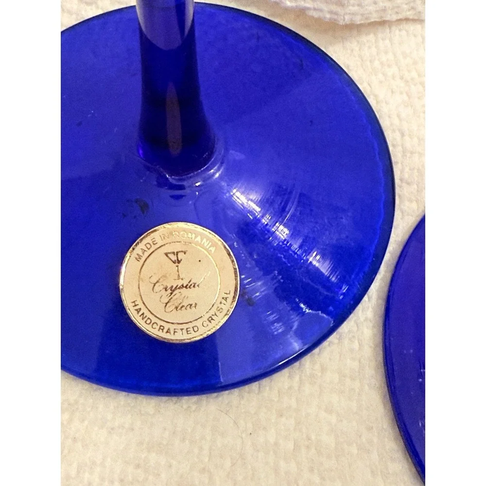 3 Crystal Clear Handcrafted Cobalt Stemmed Candle Holders Romania‎ Stickers